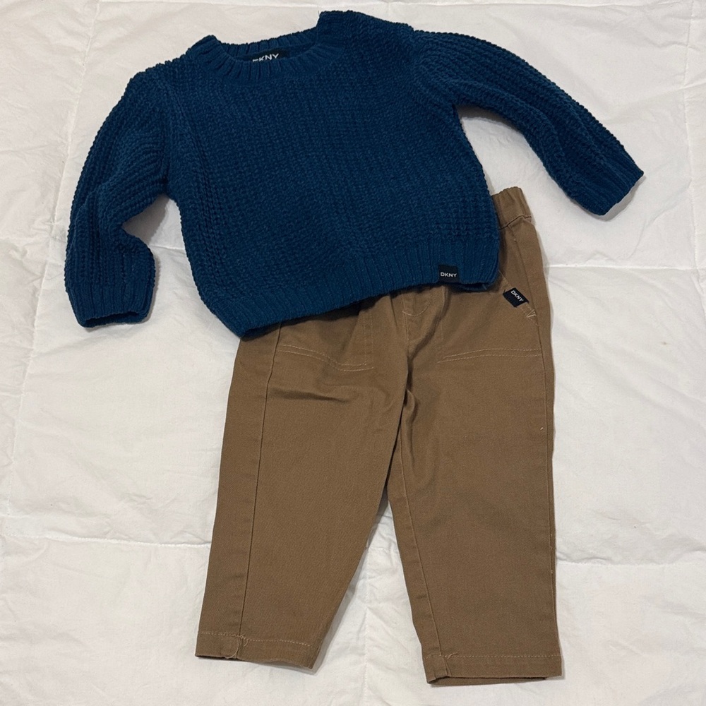 DKNY Blue Sweater and Brown Khaki Pants. Size 12 months. NWOT